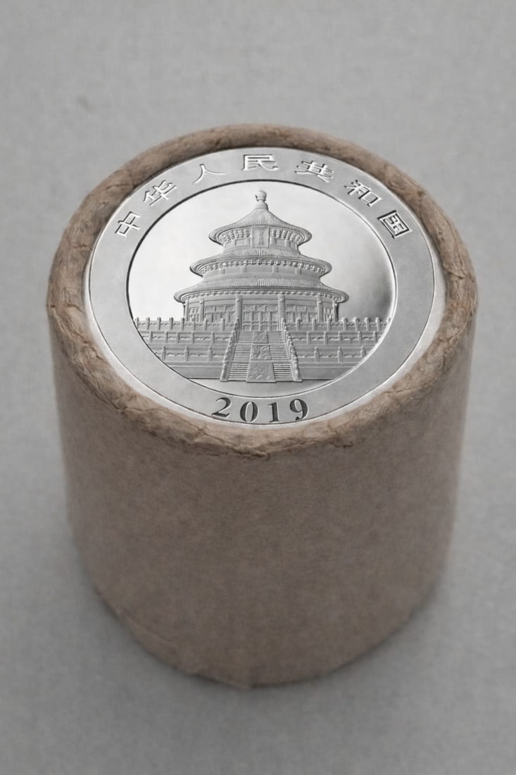 $20 2023 & 2019 End Chinese Silver Panda roll: This original Brilliant Uncirculated (BU) sealed roll contains 20 Chinese Silver Panda coins, each struck in 30 grams of .999 fine silver. The roll features a 2023 coin on one end and a 2019 coin on t