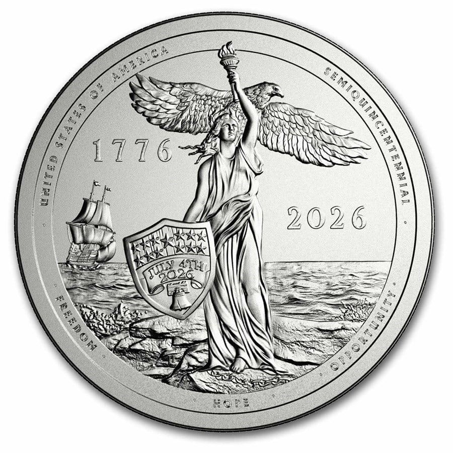 2026 Sail4th 250 1/2 oz Silver Round (in TEP): 2026 Sail4th 250 1/2 oz .999 Silver Round (TEP) – U.S. Semiquincentennial issue featuring tall ships and iconic Liberty artwork, Brilliant Uncirculated in tamper-evident packaging.