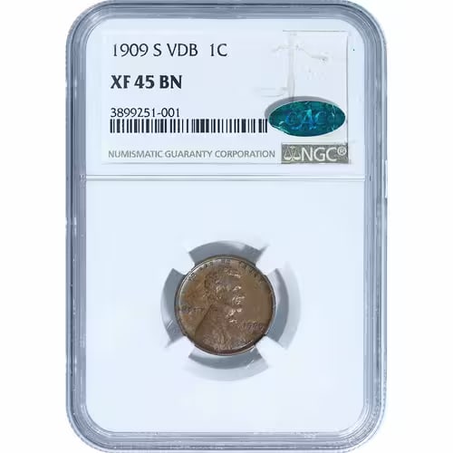 Certified Lincoln Cent 1909-S VDB XF45BN NGC CAC: The Certified Lincoln Cent 1909-S VDB XF45BN NGC CAC is an exceptional example of this iconic key-date issue, graded XF45 Brown by Numismatic Guaranty Company and approved by Certified Acceptance Corp