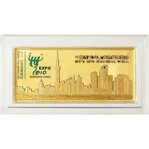 China 2010 Shanghai Expo 50 Gram Commemorative Gold Bar: The China 2010 Shanghai Expo 50 Gram Gold Bar is a .9999 fine gold commemorative honoring the historic "Better City – Better Life" global event. Featuring the iconic Expo logo and Shanghai skyline, 