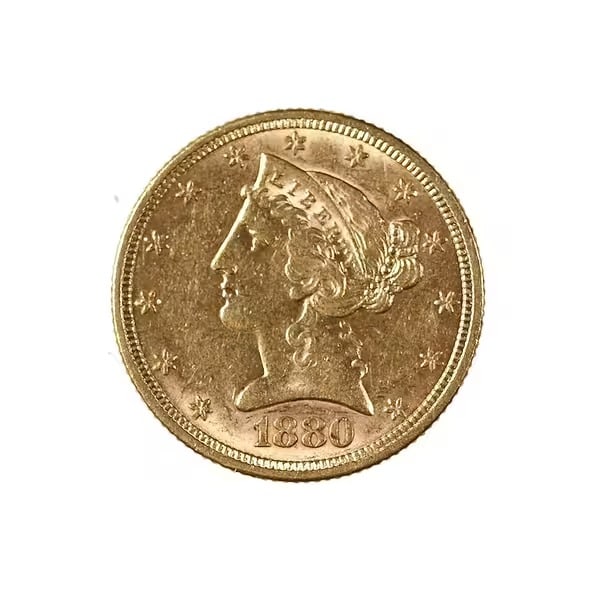 $5 Gold Liberty 1880 AU: The $5 Gold Liberty 1880 is an iconic piece of American numismatic history, now preserved in Brilliant Uncirculated (BU) condition. Struck in .900 fine gold at the Philadelphia Mint, this coin exempli