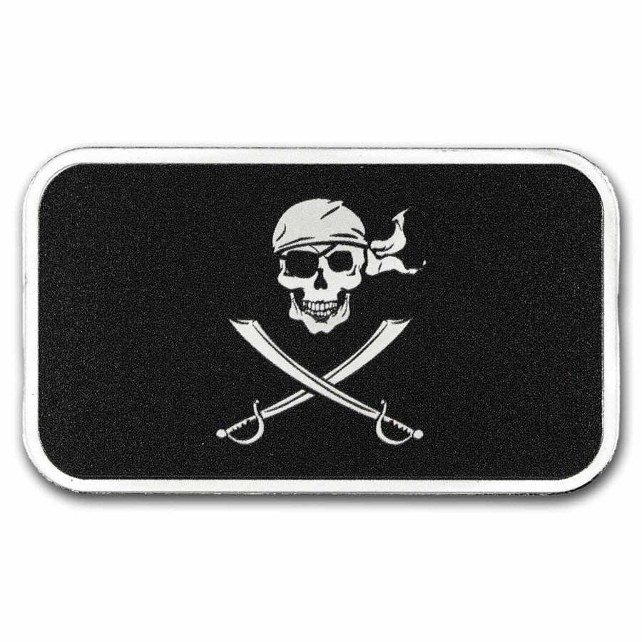 1 oz Silver Bar - Jolly Roger Pirate Flag (Colorized): 1 oz .999 Silver Jolly Roger Pirate Flag Bar (Colorized) – bold skull-and-crossed-swords design, encapsulated with red velvet pouch for presentation.