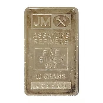 10 Gram Johnson Matthey Silver Bar .999 Fine (Secondary Market): This 10 gram Johnson Matthey Silver Bar is a compact bullion piece in .999 fine silver. Produced by Johnson Matthey, it offers trusted quality. Its small size makes it ideal for gifting or fractional 