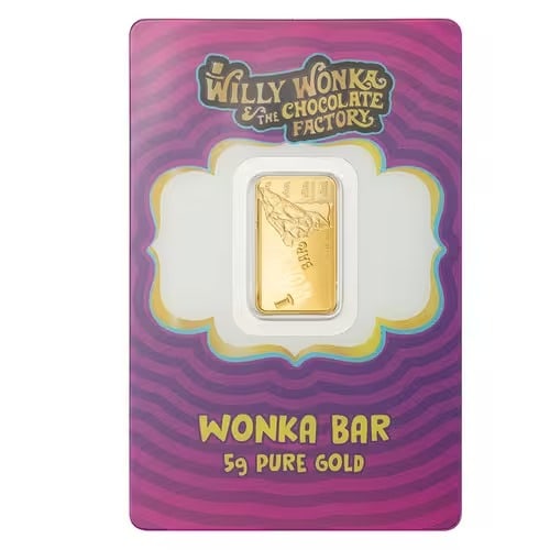 Pamp 5g Gold Wonka Chocolate Bar: This 5 gram PAMP Suisse Gold Bar is styled after the famous Wonka Chocolate Bar design. Struck from .9999 fine gold with exceptional detail and craftsmanship. Produced by PAMP Suisse, a globally trust