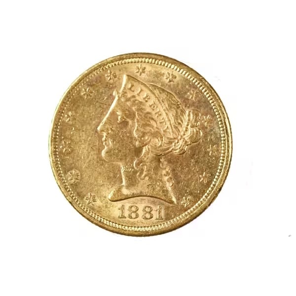 $5 Gold Liberty 1881-S AU: The $5 Gold Liberty 1881-S is a distinguished example of late 19th-century American coinage, preserved in Brilliant Uncirculated (BU) condition. Struck in .900 fine gold at the San Francisco Mint, thi