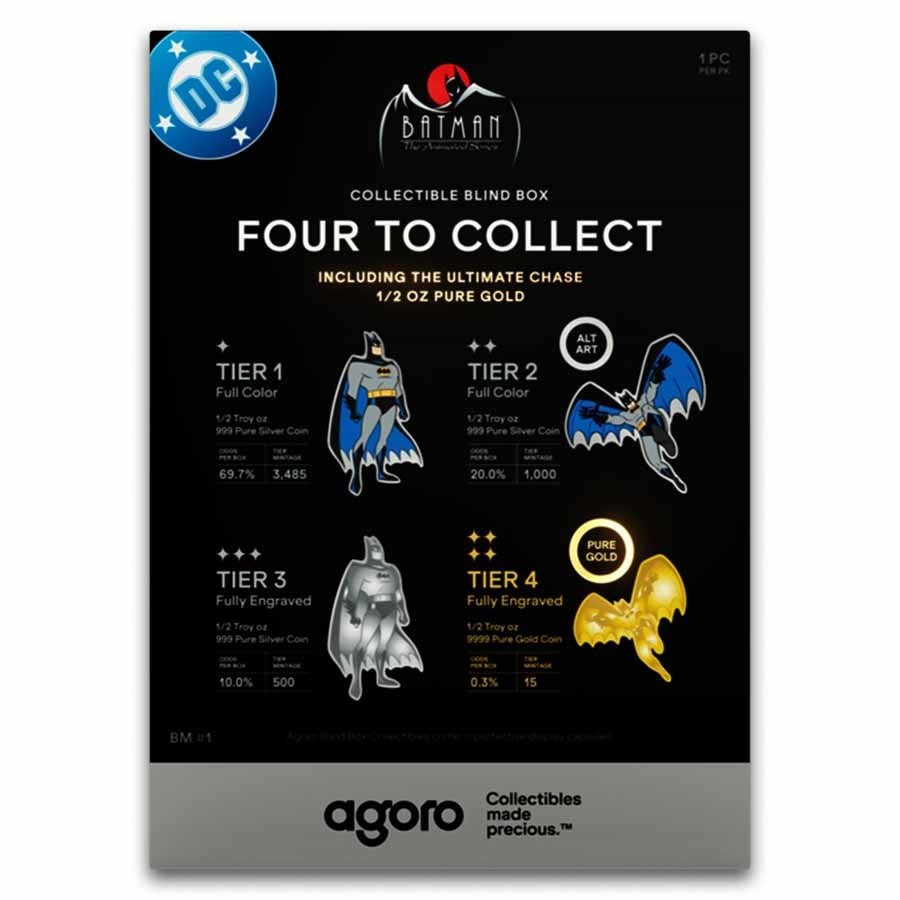 2026 Niue 1/2 oz DC: Batman: The Animated Series - Blind Box: 2026 Niue 1/2 oz DC: Batman: The Animated Series Blind Box – ultra-collector surprise release containing either .999 silver or .9999 gold, with randomized animated-era Batman artwork and sealed reve