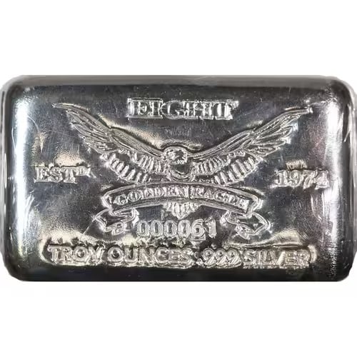 Golden Eagle 8 oz Silver Bar .999: Golden Eagle 8 oz Silver Bar .999 is a substantial and visually striking bullion piece, ideal for both investors and collectors seeking a unique size, premium purity, and patriotic design. Its uncommo