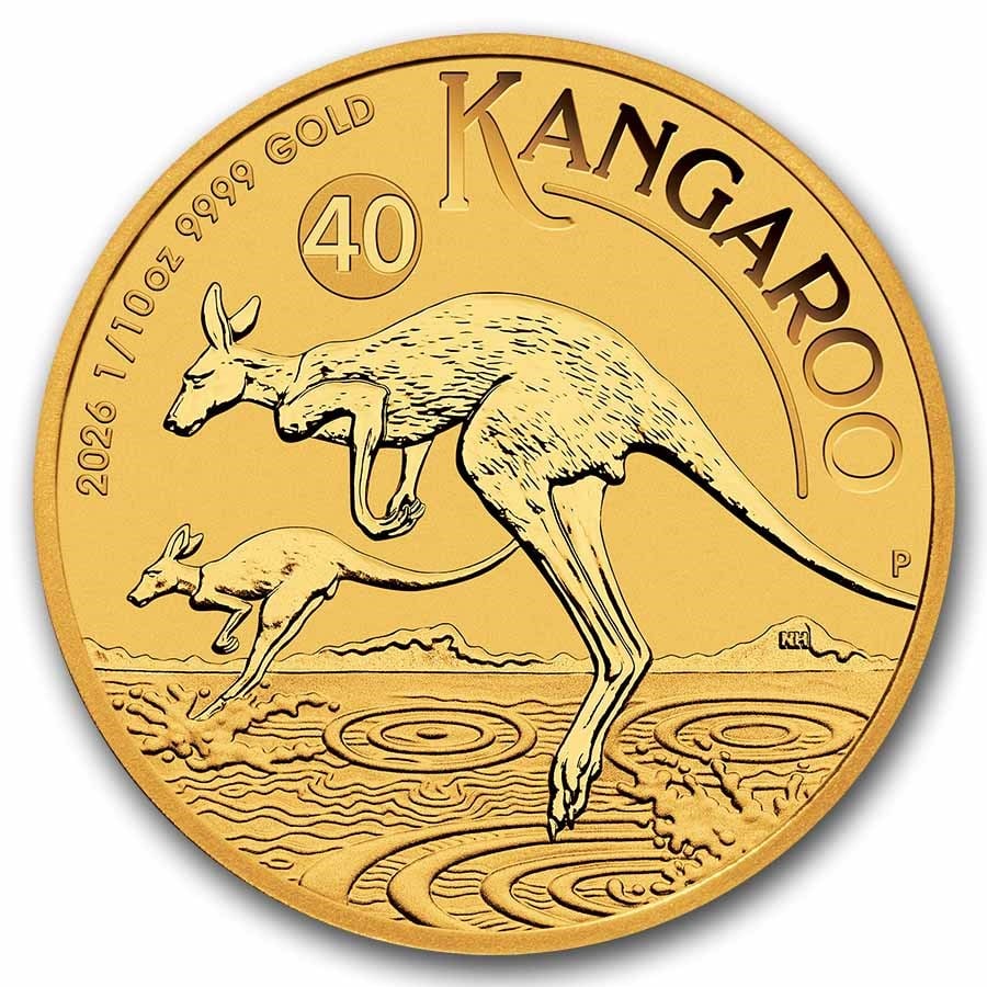 2026 Australia 1/10 oz Gold Kangaroo BU: 2026 Australia 1/10 oz Gold Kangaroo BU Coin – 1/10 oz .9999 fine gold, Brilliant Uncirculated in protective capsule, limited mintage of 200,000, sovereign bullion from the Perth Mint.