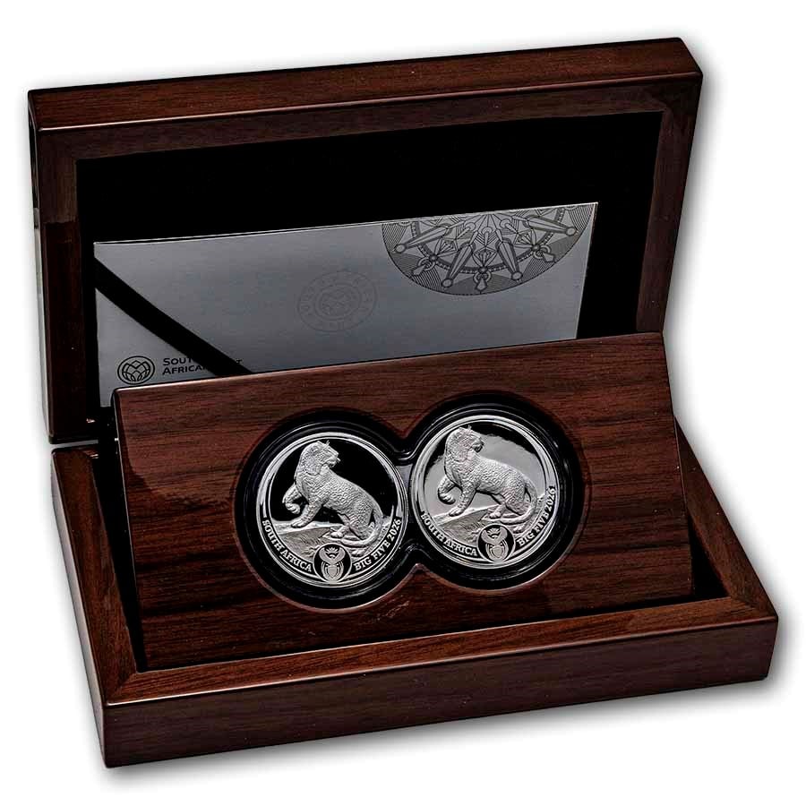 2026 South Africa 2-Coin Silver Big Five Leopard Proof Set: 2026 South Africa 2-Coin .999 Silver Big Five Leopard Proof Set – ultra-limited mintage of 1,000 worldwide, featuring dynamic leopard wildlife artistry across a mirrored dual-coin design.