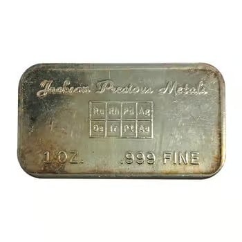 1 oz Jackson Precious Metals Vintage Silver Bar .999 Fine: This 1 oz Jackson Precious Metals Silver Bar is a vintage piece struck in .999 fine silver. It features a classic design with a nostalgic appeal for collectors. The bar’s vintage status adds uniquen
