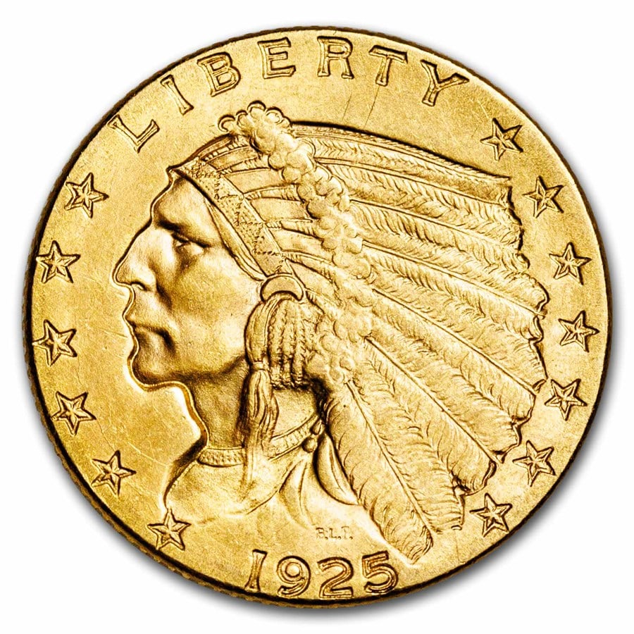US $2.5 Indian Gold Coins Extra Fine 1925-D: The 1925-D Indian Head $2.5 Gold Quarter Eagle is a key issue from one of the most distinctive and celebrated coin series in American numismatic history. Designed by Bela Lyon Pratt and introduced in 