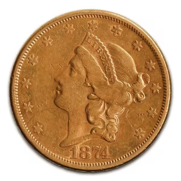 $20 Gold Liberty 1874-S XF: The $20 Gold Liberty 1874-S Double Eagle is a distinguished example of 19th-century American coinage. Part of the renowned Liberty Head Double Eagle series, this coin reflects the economic growth, cra