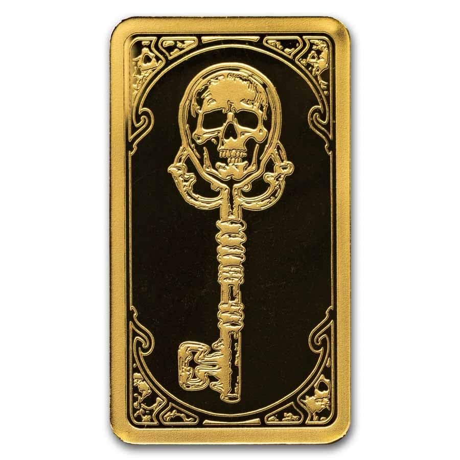 2026 Liberia 1/200 oz Gold Skeleton Key Coin Bar: 2026 Liberia 1/200 oz .999 Gold Skeleton Key Coin Bar – ultra-rare fractional gold issue with mintage of just 999, featuring detailed skeleton key and skull motif design.