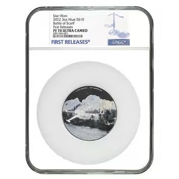 2022 Niue 3 oz Star Wars Battle of Scarif Proof Silver Coin NGC PF 70: This 2022 Niue 3 oz Silver Coin depicts the epic Battle of Scarif from Star Wars, featuring a high-relief proof finish. Graded NGC PF 70, it represents a flawless specimen with exceptional detail. Str