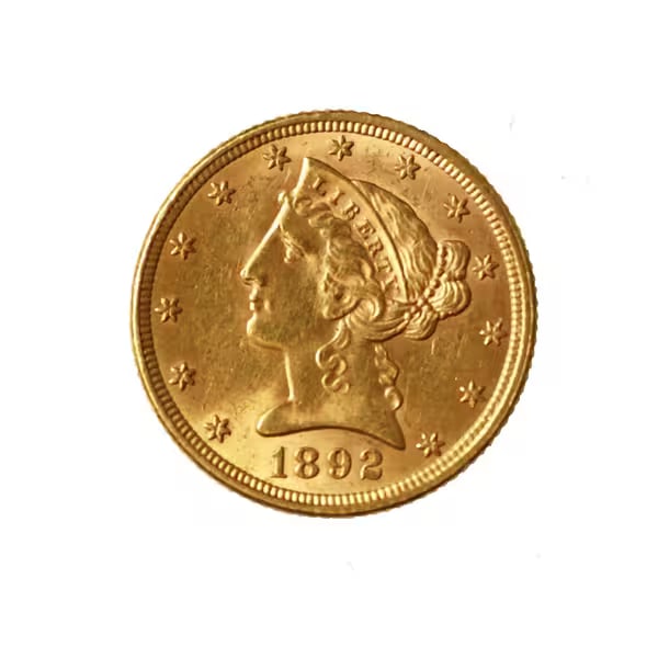 $5 Gold Liberty 1892 AU: The 1892 $5 Gold Liberty, also known as the Liberty Head half eagle, is a distinguished piece of American numismatics. Part of the iconic Liberty Head series minted from 1839 to 1908, this coin combin
