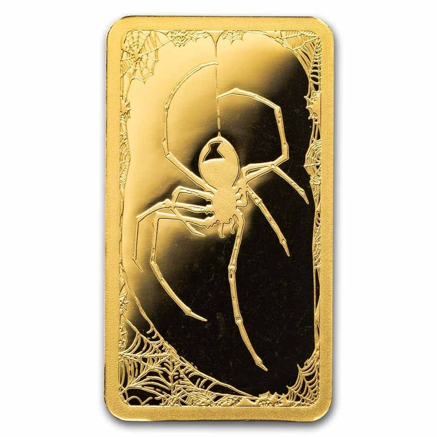 2026 Liberia 1/200 oz Gold Black Widow Spider Coin Bar: 2026 Liberia 1/200 oz .999 Gold Black Widow Spider Coin Bar – ultra-fractional gold release with mintage of just 999, featuring detailed black widow on web design.