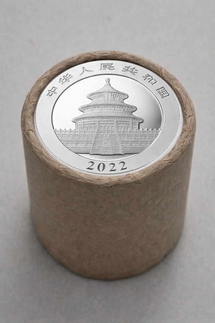 $10 2023 & 2022 End Chinese Silver Panda roll: This original Brilliant Uncirculated (BU) sealed roll contains 10 Chinese Silver Panda coins, each struck in 30 grams of .999 fine silver. The roll features a 2023 coin on one end and a 2022 coin on t