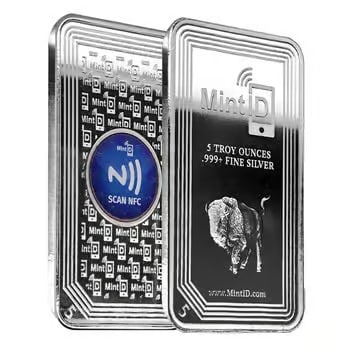 5 oz MintID Buffalo Silver Bar .999+ Fine (NFC Scan Authentication): This 5 oz MintID Buffalo silver bar features .999+ fine purity and advanced NFC authentication. Easily verify authenticity using a smartphone scan. Combines classic Buffalo design with modern technolo