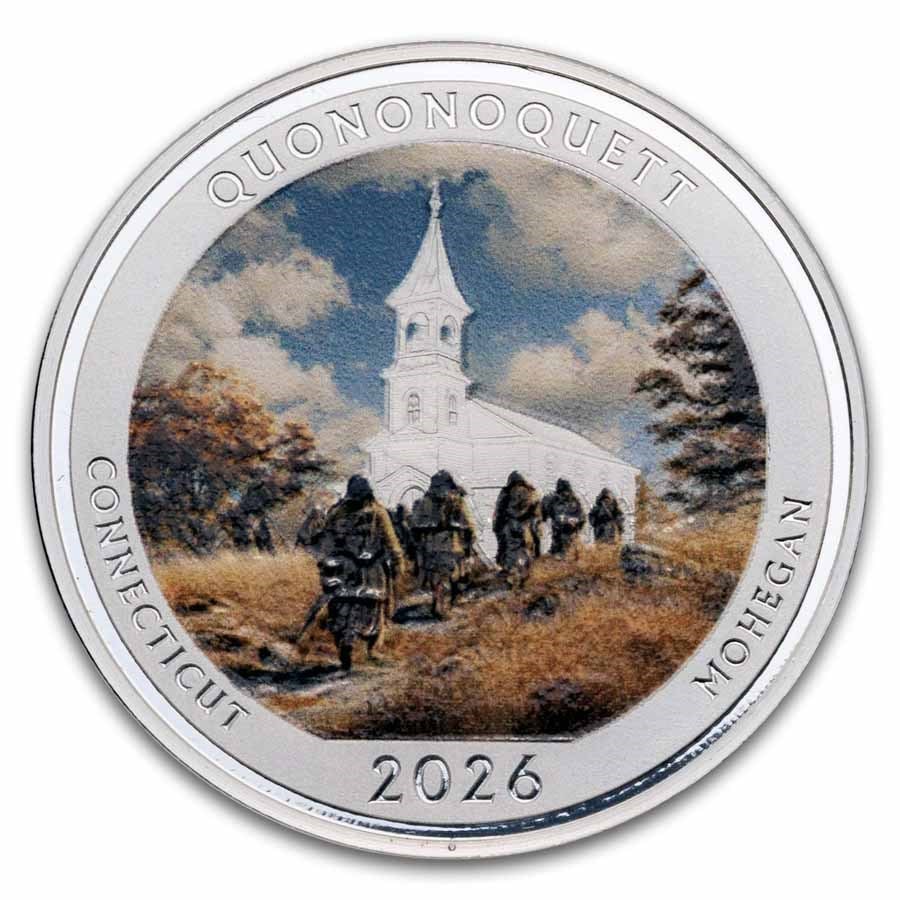 2026 1 oz Ag NATB Connecticut Weir Farm Mohegan Tribe (Color): 2026 1 oz .999 Silver NATB Connecticut Weir Farm Mohegan Tribe (Color) – ultra-limited mintage of 1,000, featuring detailed cultural scene of the historic Mohegan Church symbolizing unity and herita