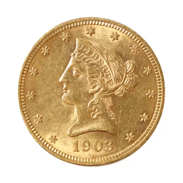 $10 Gold Liberty 1903 AU: The 1903 $10 Gold Liberty, part of the esteemed Eagle series, is a distinguished artifact of early 20th-century American coinage. Struck during a period of economic growth and industrial expansion, th