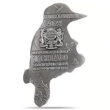 2024 Chad 1 oz Silver Kookaburra Shaped High Relief Coin .999 Fine: This 2024 Chad 1 oz Silver Kookaburra Coin is a finely detailed shaped piece struck in .999 fine silver. Featuring high-relief engraving, it captures the iconic bird in lifelike form. The sculpted des