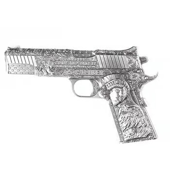 2024 Chad 2 oz Silver .45 Caliber Pistol Handgun Antiqued Shaped Coin: The 2024 Chad 2 oz Silver Pistol Coin is a finely crafted antiqued shaped piece struck in .999 silver. Designed as a .45 caliber handgun, it features detailed textures and high-relief elements. The an