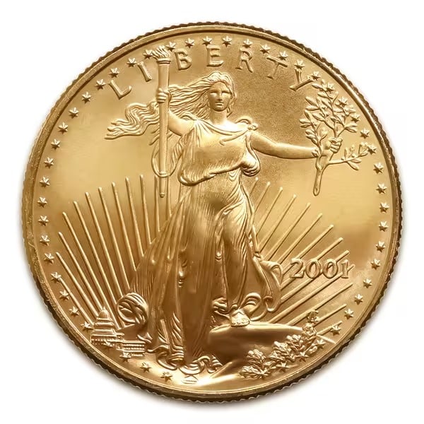 2001 American Gold Eagle 1/10 oz Uncirculated: 2001 American Gold Eagle 1/10 oz Uncirculated ? Brilliant Uncirculated 22-karat gold coin featuring Lady Liberty with torch and olive branch, reverse with nesting eagles, U.S. government-backed $5 fac