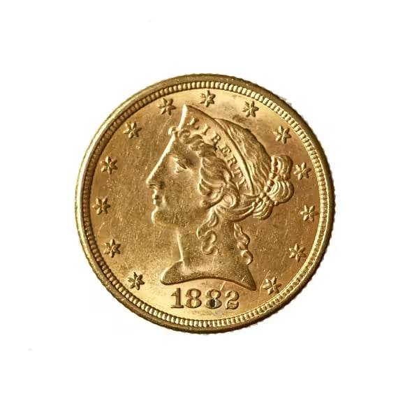 $5 Gold Liberty 1882 AU: The $5 Gold Liberty 1882 is a distinguished example of late 19th-century American coinage, preserved in Brilliant Uncirculated (BU) condition. Struck in .900 fine gold at the Philadelphia Mint, this c
