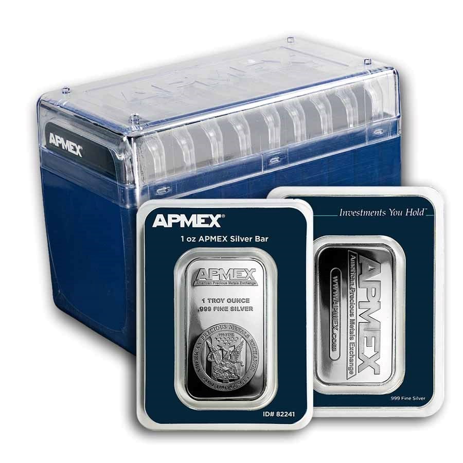 1 oz Silver Bar - APMEX (TEP) 10-Count Box: APMEX 1 oz .999 Silver Bars (10-Count Box) – 10 oz total, each bar sealed in tamper-evident packaging with guarantee of weight and purity.