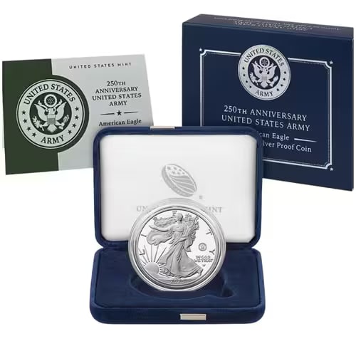 Proof Silver Eagle 2025-S 250th Anniversary United States Army: The 2025-S Proof Silver Eagle 250th Anniversary United States Army is a premium collector coin issued by the United States Mint, struck in .999 fine silver. Featuring the iconic Silver Eagle design en