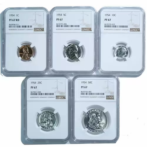 Certified 1954 Proof Set PF67 NGC: The Certified 1954 Proof Set PF67 NGC is a premium U.S. Mint proof set containing coins struck with exceptional detail and mirror-like surfaces. Graded PF67 by Numismatic Guaranty Company, this set re