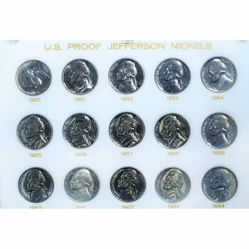 Jefferson Nickel 1950-1964 Proof Set Capital Holder: The Jefferson Nickel 1950 to 1964 Proof Set (Capital Holder) is a complete collection of proof nickels from the mid-20th century, showcasing the Jefferson design in high-quality proof finish. Issued b