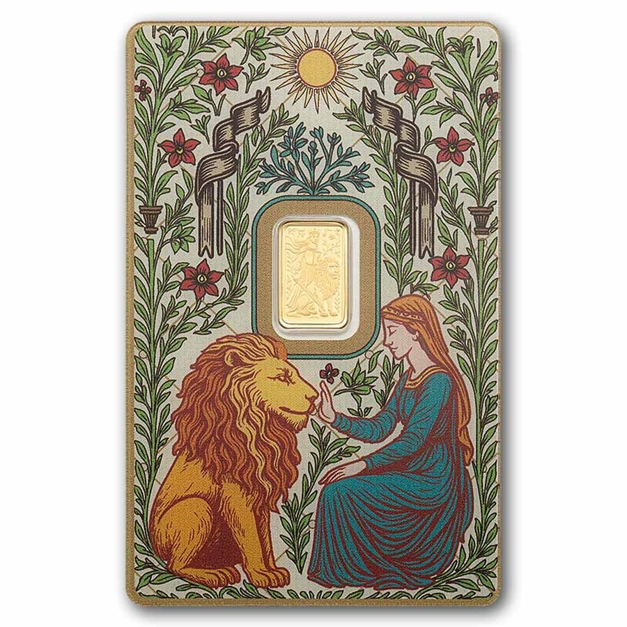1 gram Gold Bar - PAMP Suisse (Una & The Lion): 1 gram PAMP Suisse .9999 Gold “Una & The Lion” Bar – ultra-limited worldwide mintage of 3,000, individually serialized and secured in CertiPAMP™ assay packaging with matching certificate.
