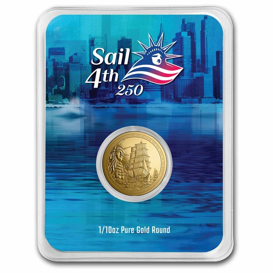 2026 Sail4th 250 1/10 oz Gold Round (in TEP): 2026 Sail4th 250 1/10 oz .999 Gold Round (TEP) – ultra-limited mintage of 1,776, honoring America’s Semiquincentennial with dramatic Liberty and tall ship design.