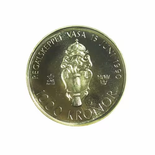 Sweden 1000 Kronor Gold 1990 BU The Vasa Ship: The Sweden 1000 Kronor Gold 1990 BU ? The Vasa Ship is a beautifully crafted commemorative coin struck in high-purity gold, honoring the famous Swedish warship Vasa Ship. Issued in Brilliant Uncircula