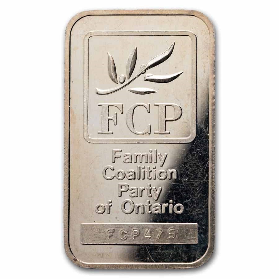 1 oz Silver Bar - Johnson Matthey (Family Coalition Party): 1 oz .999 Silver Johnson Matthey “Family Coalition Party” Bar – ultra-rare secondary market issue with estimated mintage under 1,000, individually serialized and highly collectible.