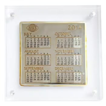 2014 1 oz PAMP Calendar Silver Bar .999 Fine: This 2014 PAMP Calendar Silver Bar is a collectible 1 oz piece in .999 fine silver. Produced by PAMP Suisse, it features a detailed calendar-themed design. The dated issue adds collectible value. Its 