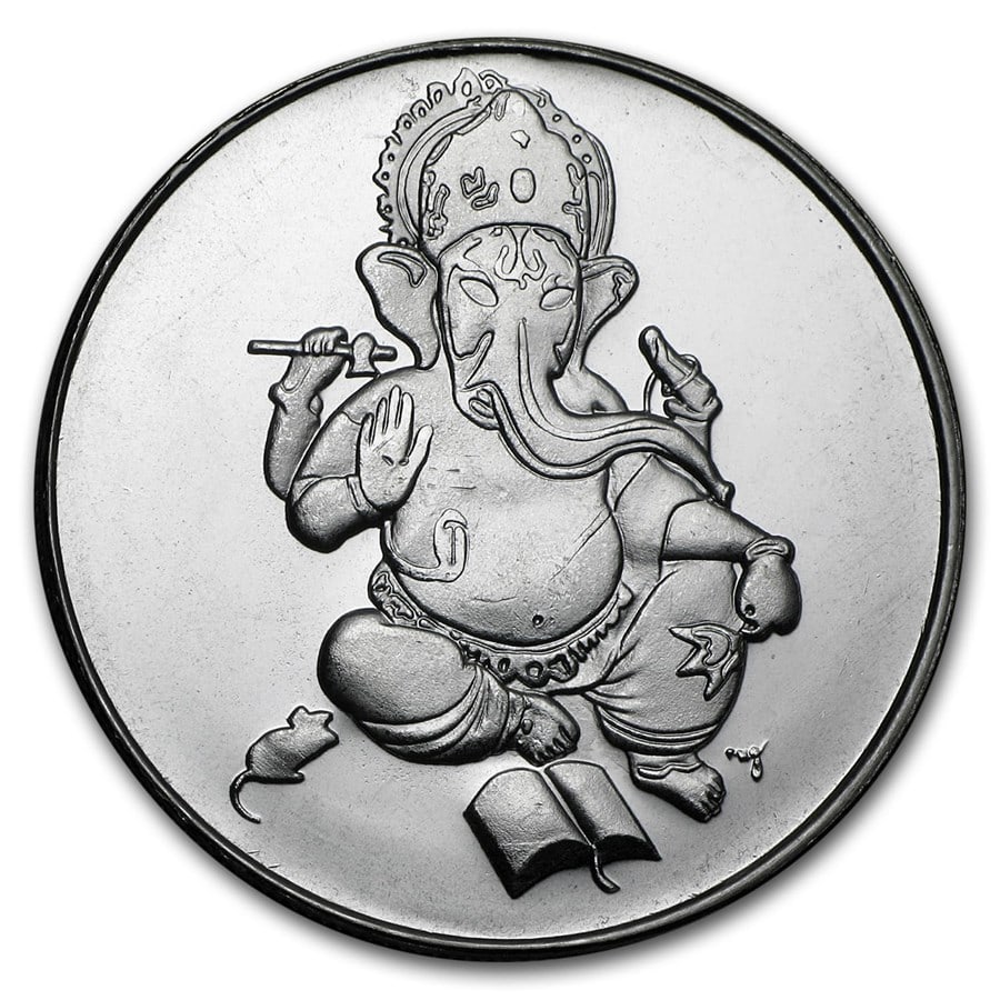 1 oz Silver Round - Ganesha: The 1 oz Silver Round Ganesha is a beautifully crafted bullion piece struck in 1 troy ounce of .999 fine silver, featuring the revered Hindu deity Ganesha. The design typically showcases Lord Ganesha 