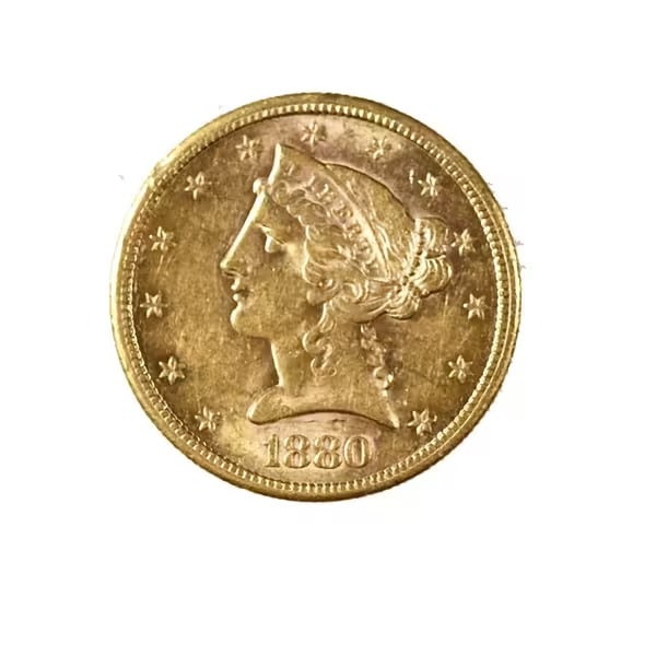 $5 Gold Liberty 1880-S AU: The $5 Gold Liberty 1880-S is a distinguished piece of American numismatic history, preserved in Brilliant Uncirculated (BU) condition. Struck in .900 fine gold at the San Francisco Mint, this coin co