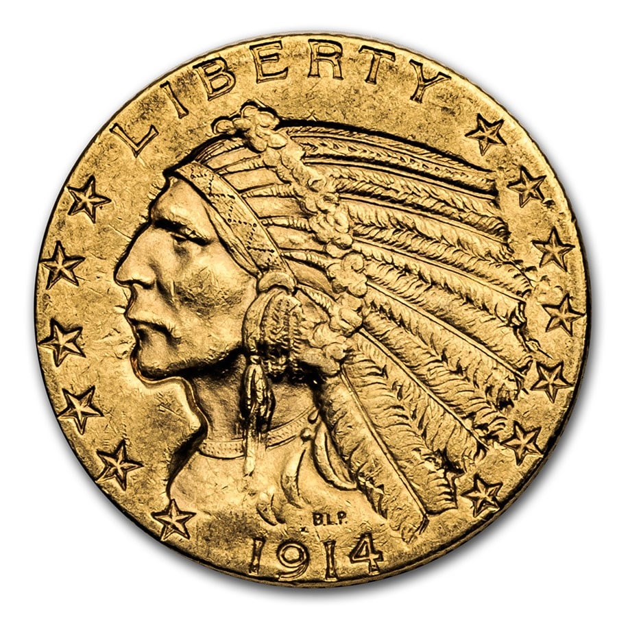 US $2.5 Indian Gold Coins Almost Uncirculated 1914-D: The 1914-D $2.5 Indian Gold Coin, graded Almost Uncirculated (AU), is an exceptional piece of American numismatic history, embodying the elegance, innovation, and cultural significance of early 20th-c