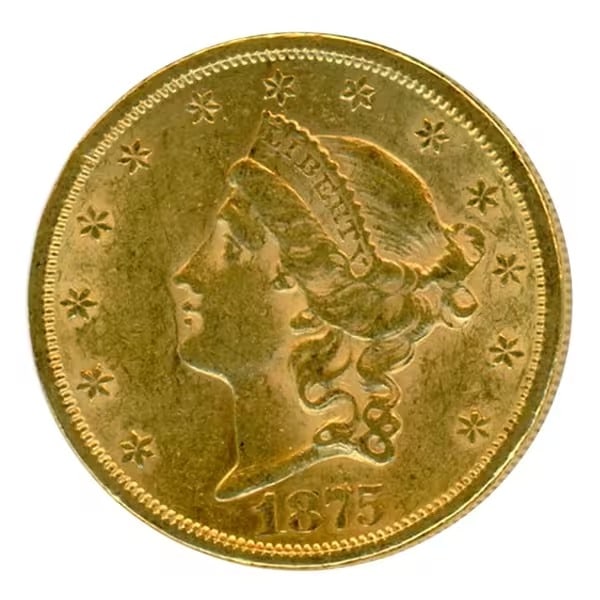 $20 Gold Liberty 1875-S AU: The $20 Gold Liberty 1875-S Double Eagle is a remarkable representation of 19th-century American coinage and economic history. Part of the esteemed Liberty Head Double Eagle series, this coin reflects