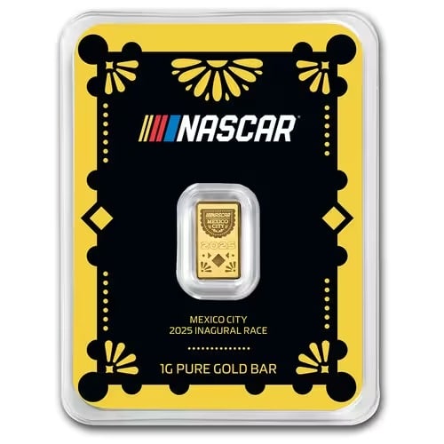 2025 1 Gram Gold Bar PAMP Suisse - NASCAR Mexico International Cup: This 1 gram PAMP Suisse Gold Bar commemorates the NASCAR Mexico International Cup. Struck from .9999 fine gold with a special themed design honoring the racing event. Produced by the world-famous Swis