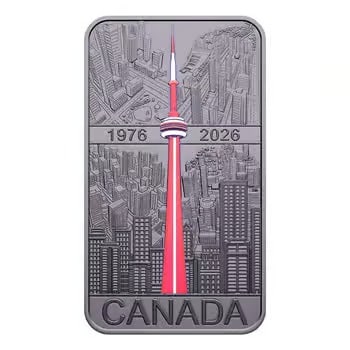 2026 Canada 1 oz CN Tower 50th Ann Silver Rectangular Coin Bar .9999 Fine: This 2026 Canada 1 oz CN Tower 50th Anniversary Silver Rectangular Coin Bar contains 1 troy ounce of .9999 fine silver and celebrates the iconic CN Tower’s 50th anniversary. Issued by the Royal Cana