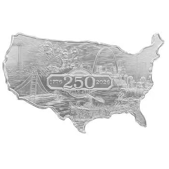 5 oz Elemetal USA 250th Anniversary Shaped Silver Bar .999 Fine: This 5 oz Elemetal USA 250th Anniversary Shaped Silver Bar contains 5 troy ounces of .999 fine silver and commemorates America’s 250th anniversary with a unique shaped design. Produced by Elemetal, 