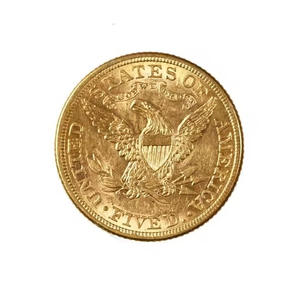 $5 Gold Liberty 1881 AU: The $5 Gold Liberty 1881-S is a distinguished example of late 19th-century American coinage, preserved in Brilliant Uncirculated (BU) condition. Struck in .900 fine gold at the San Francisco Mint, thi