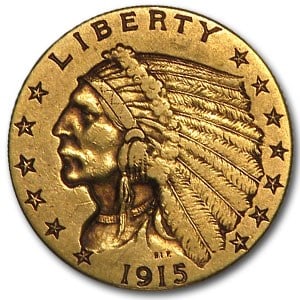 US $2.5 Indian Gold Coins Extra Fine 1915 (1 of 2)