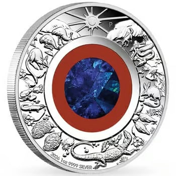 2026 1 oz Proof Silver Wonders of Australia The Outback Opal Coin Perth Mint: This 2026 1 oz Proof Silver Wonders of Australia: The Outback Opal Coin is struck from 1 troy ounce of .9999 fine silver by the Perth Mint. Featuring a stunning opal insert, the design highlights the 