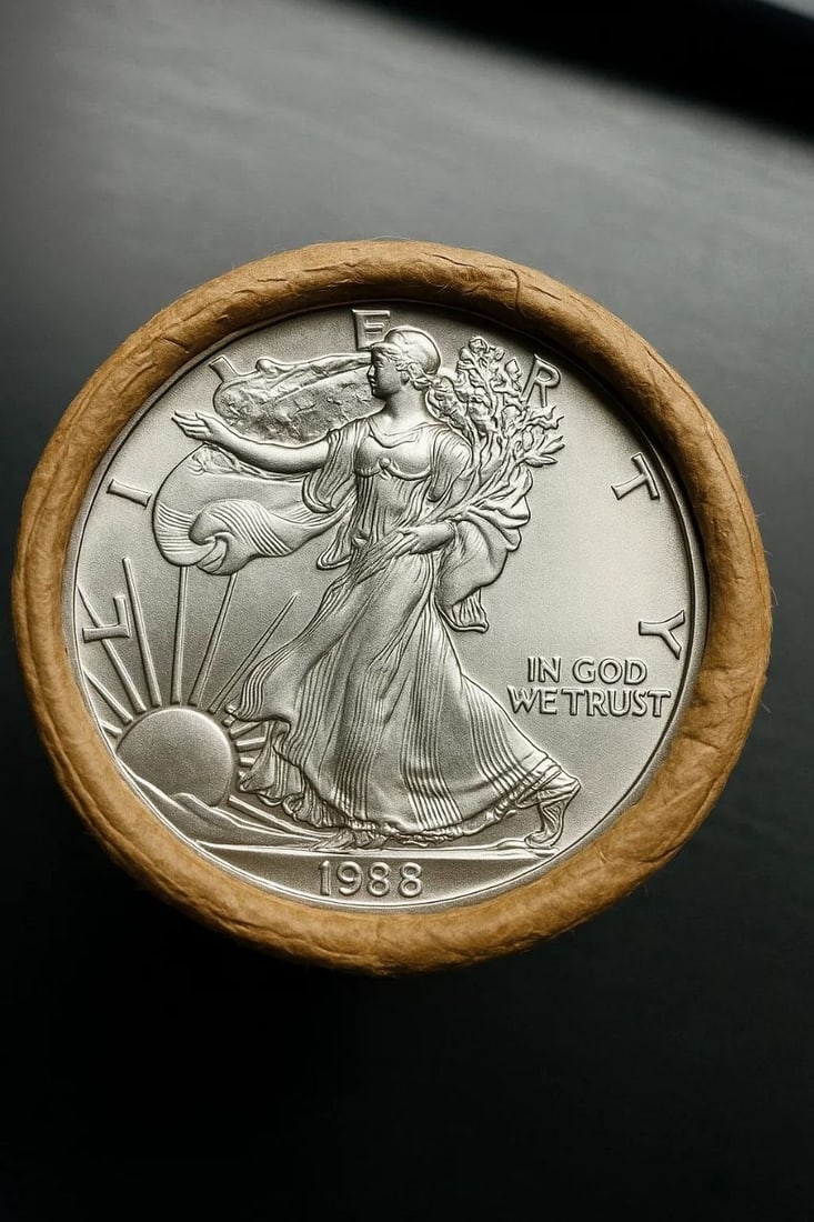 BU $10 1988 & 1988 1 oz Silver American Eagle $1 Coin (roll will contain all coin of 1988 Silver: This original Brilliant Uncirculated (BU) sealed roll contains 10 American Silver Eagle coins, each struck in 1 troy ounce of .999 fine silver. The roll features a 1988 coin on one end and a 1988 coin