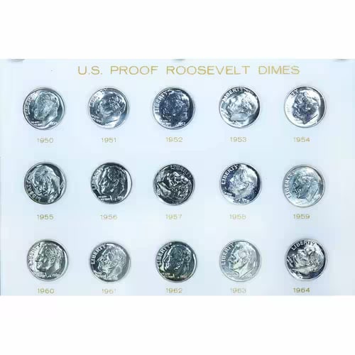 Roosevelt Dimes 1950-1964 Proof Set Capital Holder: The Roosevelt Dimes 1950 to 1964 Proof Set (Capital Holder) is a complete set of silver proof dimes issued during the early Roosevelt series. Struck by the United States Mint, each coin features brill