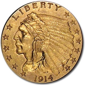 US $2.5 Indian Gold Coins Almost Uncirculated 1914: The 1914 $2.5 Indian Gold Coin, graded Almost Uncirculated (AU), is an exceptional example of American numismatic history. Part of the esteemed quarter eagle series introduced in 1908, this coin featu